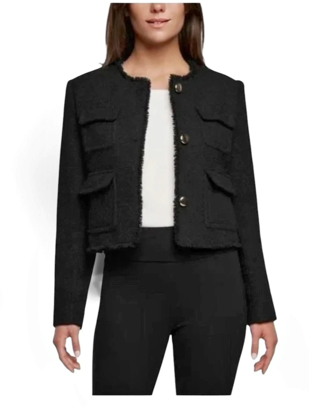 NWT Express Black Bouclé Tweed Frayed Edge Cropped Lady Jacket Gold Buttons L
